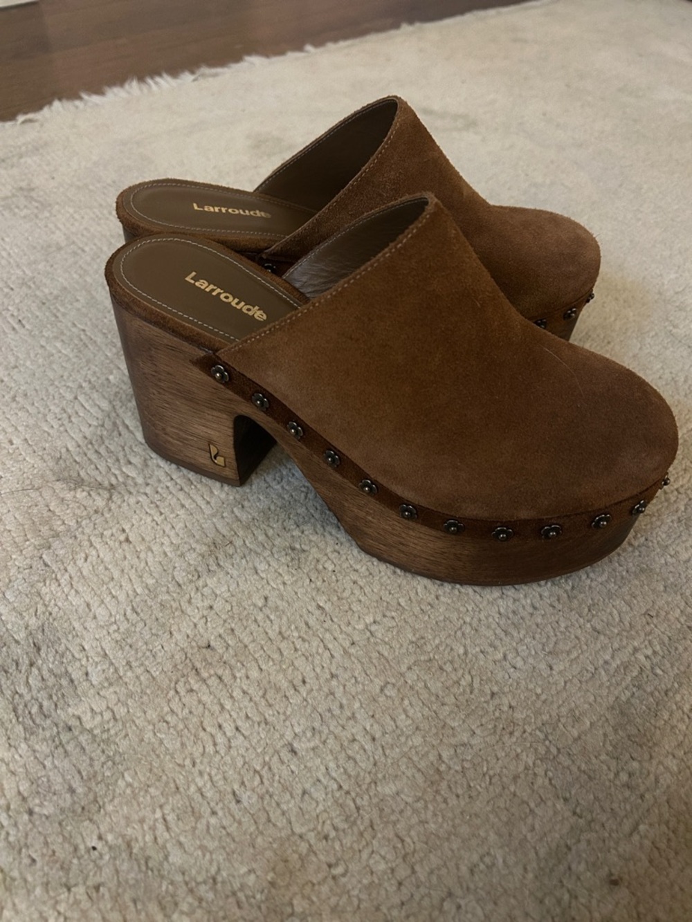 BRAND NEW Larroude Brown Suede Platform Clog Mules